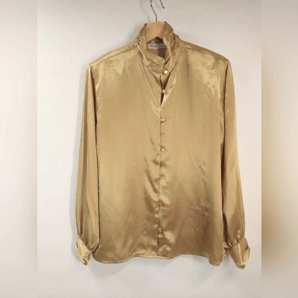 Mims Cole Women Silk Button Down Shirt Yellow Gold Color Size L